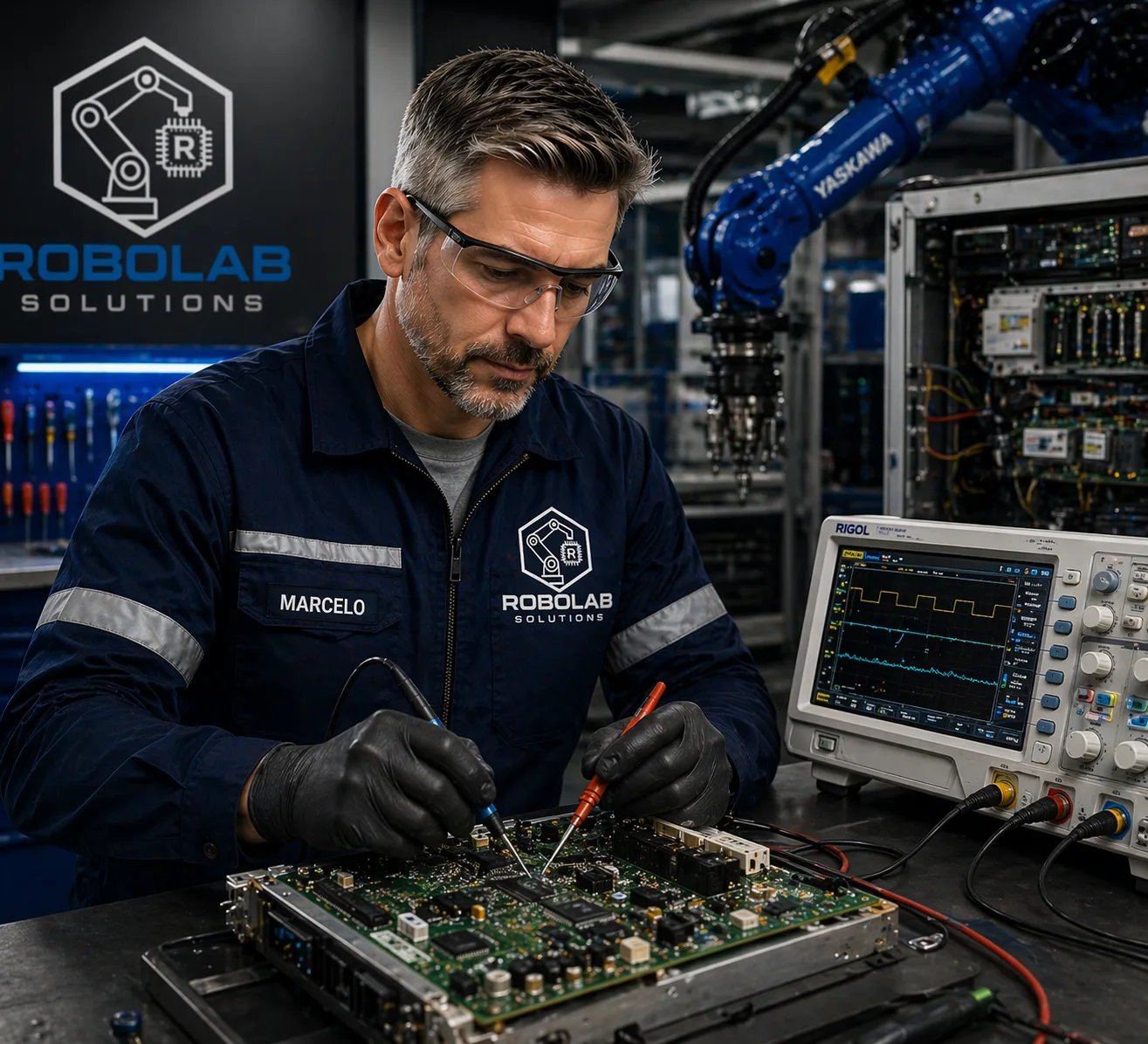 Técnico Robolab realizando reparo em robô industrial