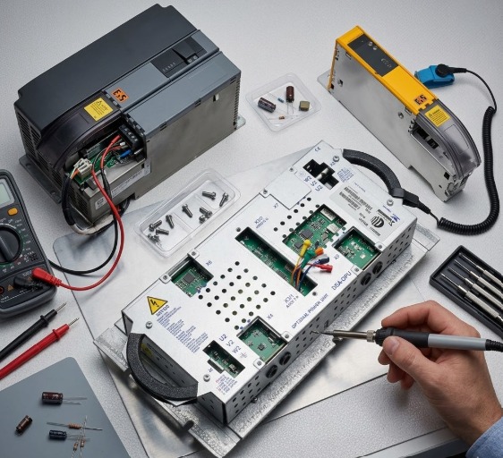 Técnico realizando reparo no controlador COMAU C5G no laboratório Robolab
